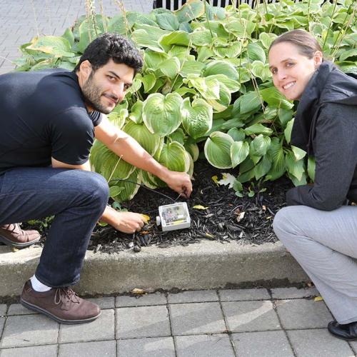 Alumnus Ahmed Mahmoud and Assistant Professor Amy Bilton demonstrate the soil moisture probe. Spero Analytics will begin this month a pilot project involving 30 networked probes in Nepal (photo by Tyler Irving) 