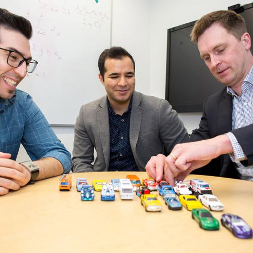 From left: Sina Bahrami, Mehdi Nourinejad and Professor Matthew Roorda designed an algorithm to optimize the design of parking lots for autonomous vehicles, increasing their capacity by an average of 62 per cent (photo by Roberta Baker) 