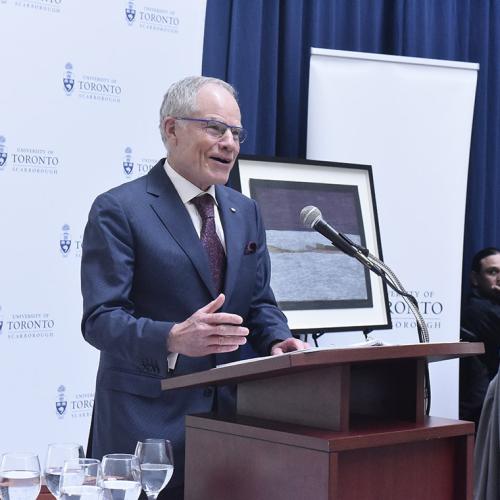 "Bruce (Kidd) has been a true champion of our role as a city-building institution," said U of T President Meric Gertler at Friday's farewell reception for the U of T Scarborough principal and vice-president (photo by Ken Jones) 