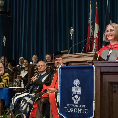 Janis Chodas, a U of T aerospace engineering alumna, was honoured with a Doctor of Science, honoris causa on Tuesday (photo by Lisa Sakulensky) 