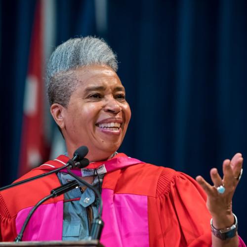 Dionne Brand was given a Doctor of Letters, honoris causa, on Wednesday “for her outstanding service for the public good as an educator, filmmaker and activist, and for her excellence in the arts as a poet and author” (photo by Steve Frost) 