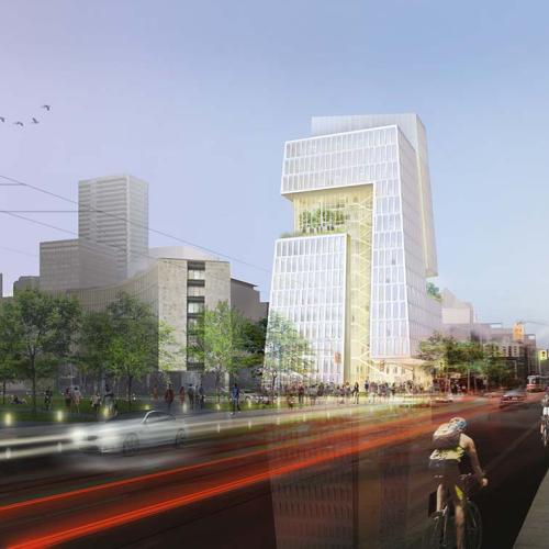 A rendering of phase one of the new University of Toronto innovation centre at the corner of College Street and University Avenue, as viewed from the west (all renderings courtesy of Weiss/Manfredi Architects) 