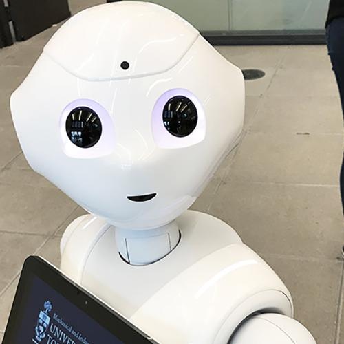 Pepper the robot is the newest addition to U of T Engineering’s Autonomous Systems and Biomechatronics Lab. It is the first humanoid robot capable of recognizing and adapting to human emotions (photo by Liz Do) 