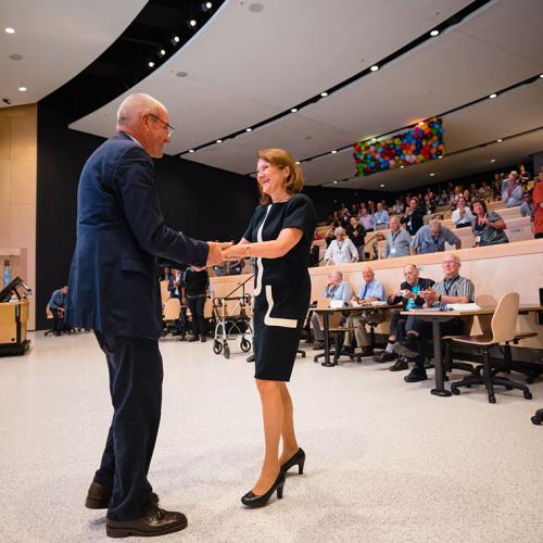 Professor Emeritus Ron Venter, chair of the building planning committee, and Dean Cristina Amon during opening remarks for the Myhal Centre open house (photo by Neil Ta) 