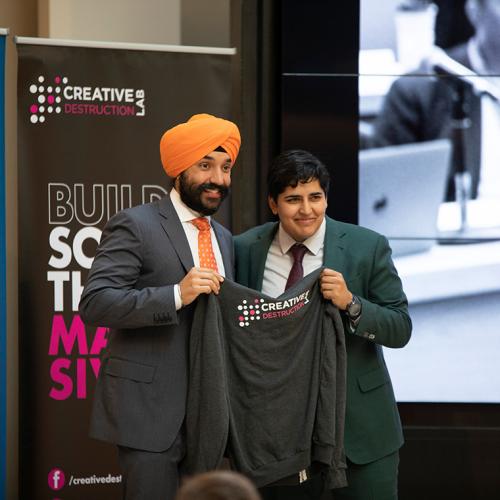 Navdeep Bains, Canada's minister of innovation, science and economic development poses for photographs with Sonia Sennik, the executive director of the Creative Destruction Lab (photo by Eugene Grichko) 