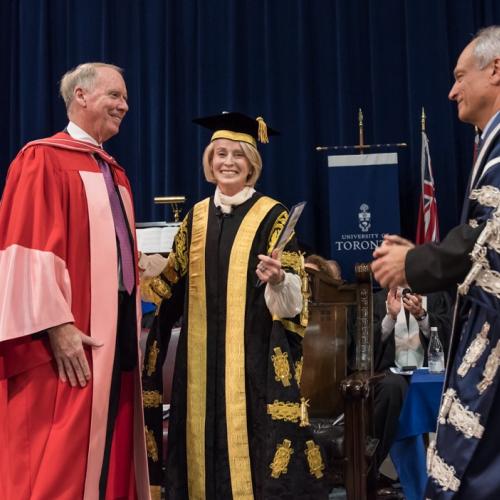 From left: William Downe, U of T Chancellor Rose Patten and President Meric Gertler at Tuesday's convocation ceremony (photo by Lisa Sakulensky) 