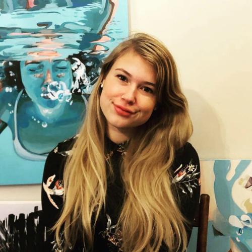 Rachel McKenna-Marshall of the John H. Daniels Faculty of Architecture, Landscape, and Design with paintings based on photographs she took of her friends under water 