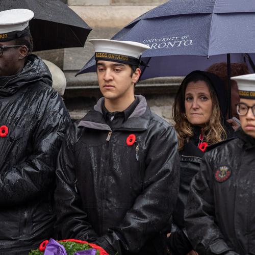 Foreign Affairs Minister Chrystia Freeland looks on during a service of remembrance at the University of Toronto's downtown campus (photo by Nick Iwanyshyn) 