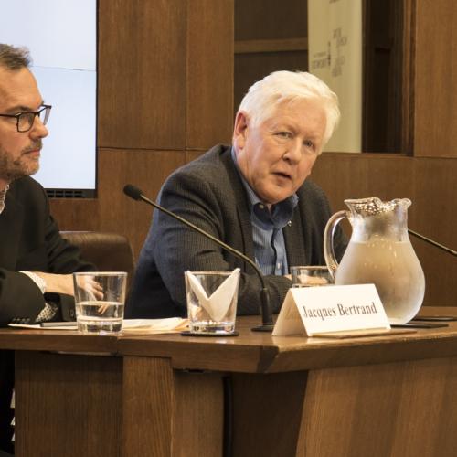 U of T Professor Jacques Bertrand (left) speaks with Bob Rae (right) about his report on the Rohingya crisis at the Munk School of Global Affairs (photo by Noreen Ahmed-Ullah) 
