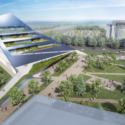 An illustration of a wedge-shaped building covered in solar panels and with gardens growing on four terraces. (courtesy of U of T Scarborough and Centennial College)