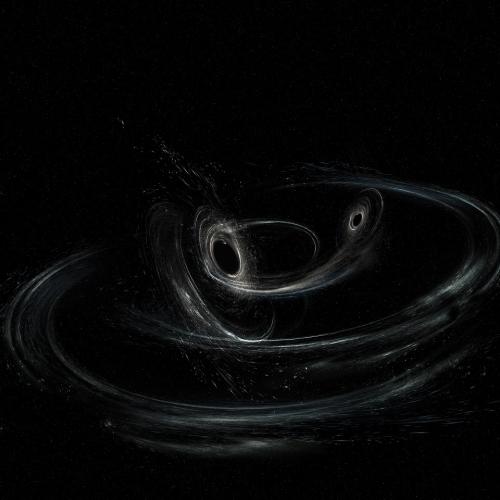 Illustration shows two merging black holes similar to those detected by LIGO. The black holes are spinning in a non-aligned fashion with different orientations (courtesy of LIGO/Caltech/MIT/Sonoma State/Aurore Simonnet) 