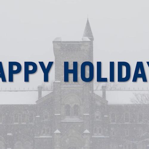 Screenshot from President's message with snow falling and a "Happy Holidays" banner.