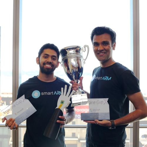 smartARM wins the Imagine World Cup Finals: Undergraduates Hamayal Choudhry from UOIT and Samin Khan from U of T, who is demonstrating the prosthetic (photo courtesy of Microsoft Imagine Cup) 