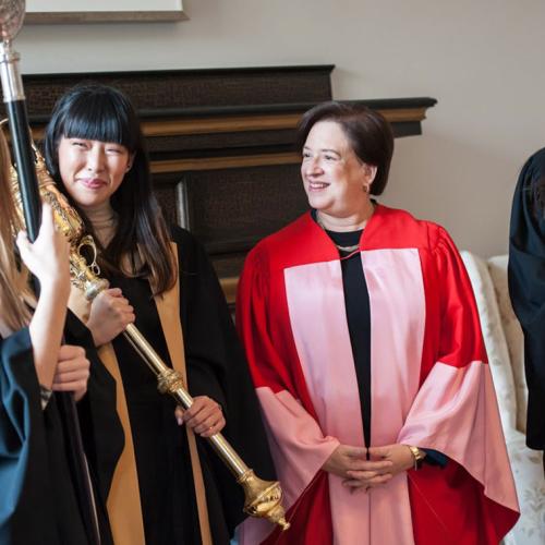 Elena Kagan speaks with U of T students who were part of the ceremony procession (photo by Lisa Sakulensky) 