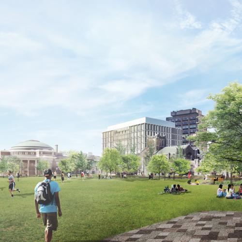 An artists' rendering of Front Campus shows a green space edged with trees and pedestrian walkways.