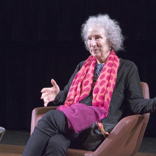 Margaret Atwood answers questions from the audience at Innis College (photo by Romi Levine)