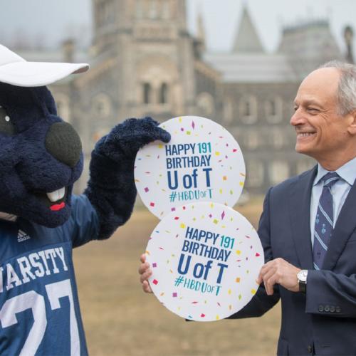 President Meric Gertler helps to celebrate the University of Toronto's birthday (photo by Lisa Lightbourn) 