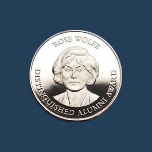 Coin of Rose Wolfe against blue background