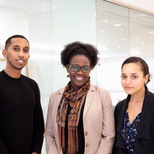 U of T medical students Semir Bulle (left) and Chantal Phillips (right) with Dr. Onye Nnorom, MD Black health lead of the MD program (photo by Julia Soudat) 