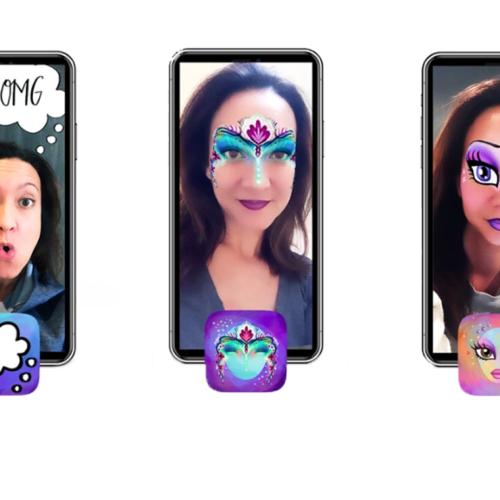 Three selfies of Lianne Tokey with filters: an “OMG!” thought bubble, artistic face painting, and cartoon eyes and lips.