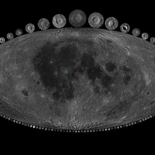 The image shows a map of all the lunar craters included in this study, with small images showing the study craters at their respective sizes relative to Copernicus, pictured at the top (data from NASA GSFC / LRO / USGS; image by Alex Parker) 