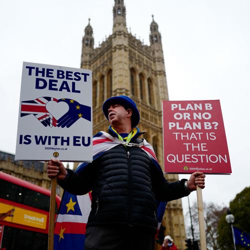 Anti-Brexit activist Steve Bray stands holding placards outside the Houses of Parliament in central London on Jan. 16 (photo by Tolga Akmen/AFP via Getty Images) 