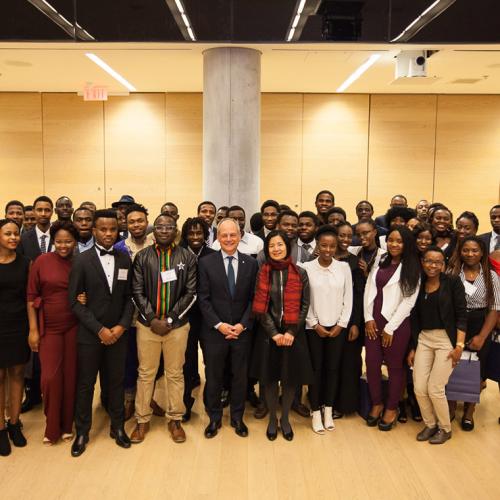 U of T's Mastercard Foundation Scholars with University President Meric Gertler and Reeta Roy (centre), president and CEO of the Mastercard Foundation (photo by Gustavo Toledo) 