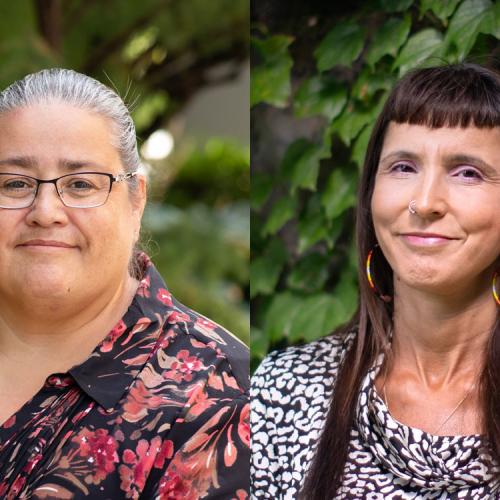 Susan Hill and Suzanne Stewart smile in two side-by-side photos, both taken outdoors in a garden.