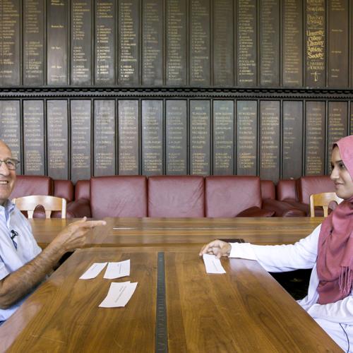 Joe Goren, a 77-year-old student in English and art history, and Sakina Rizvi, an 18-year-old student in the history of religions, are believed to be U of T's oldest and youngest graduates in 2018 (photo by Lisa Lightbourn) 