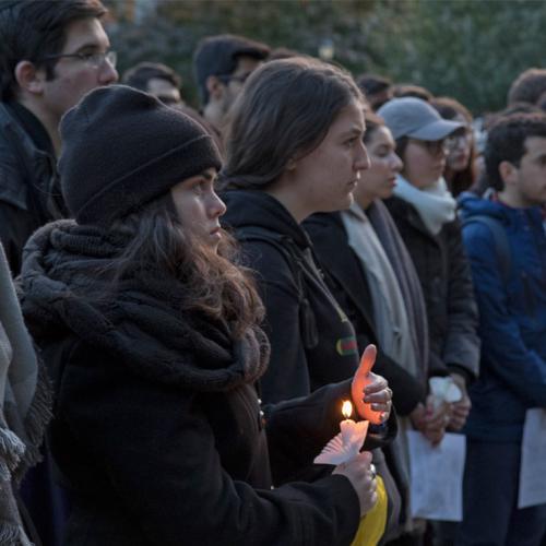 Members of the U of T community gathered for a vigil outside of University College October 30, 2018 (photo by Romi Levine) 