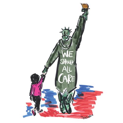 Justin Teodoro’s drawing shows the Statue of Liberty wearing a jacket saying “WE SHOULD ALL CARE” and walking hand-in-hand with the crying girl from Getty photographer John Moore's famous photograph. (illustration courtesy of Justin Teodoro)