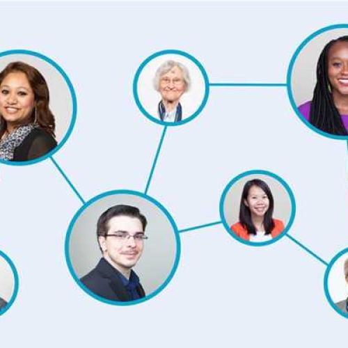 Photo of various alumni connected through lines representing networks