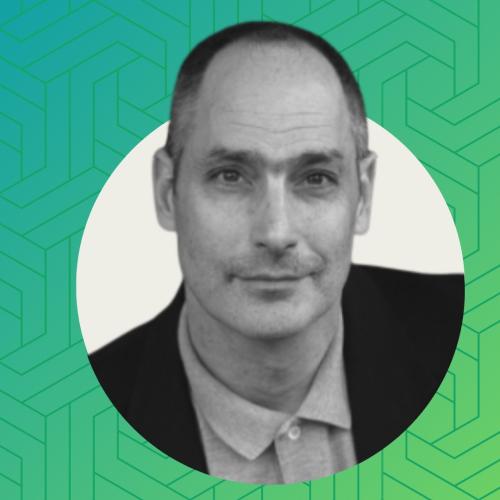 Black and white headshot of Professor Jeffrey Ian Ross displayed on a textured blue and green gradient background.