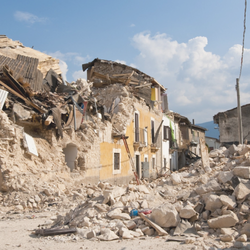 A building demolished by the acts of war. 