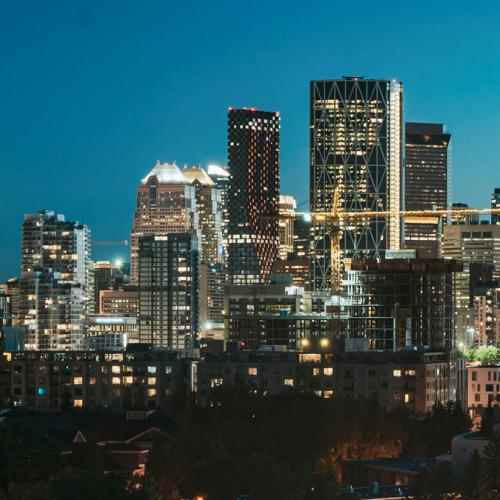Evening skyline of Calgary buildings. 