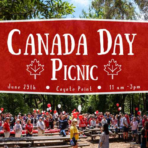 Text reads: Canada Day Picnic-June 29th-Coyote Point- 11 am - 3 pm. Background image of people gathered in park with red and white balloons.