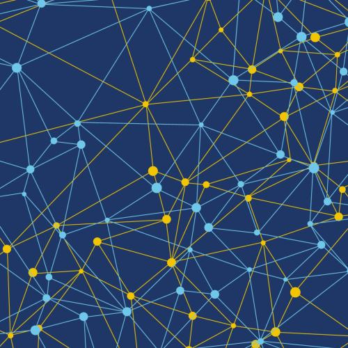 Abstract network illustration featuring interconnected yellow and light blue nodes linked by lines on a dark blue background, symbolizing data, communication, or digital connections.