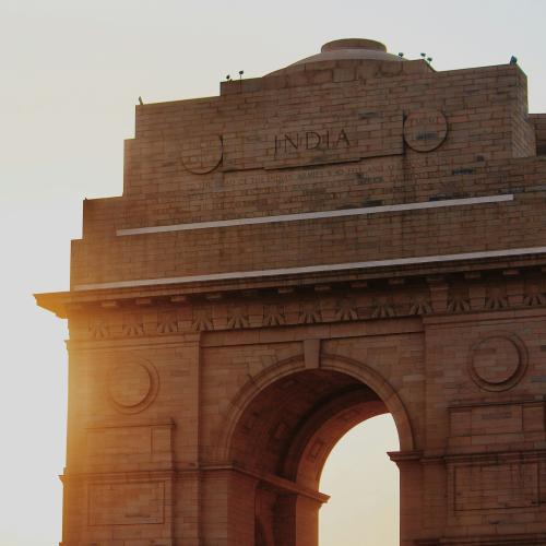 Image of India Gate in Delhi. Arched structure.