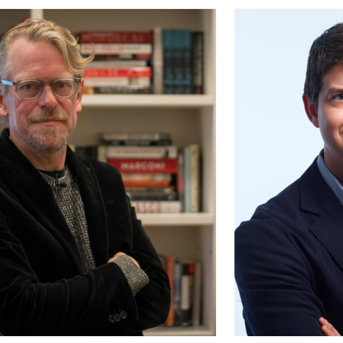Image of Professor Lucan Way wearing glasses standing against a bookshelf and John Sides posing against a light plain background. 