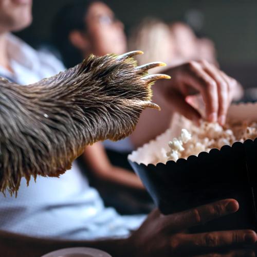 A furry paw sneaks popcorn at the movies.