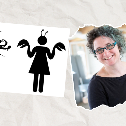 Image of Kaethe Wenzal next to images of humaniod pictograms from her workshops. 