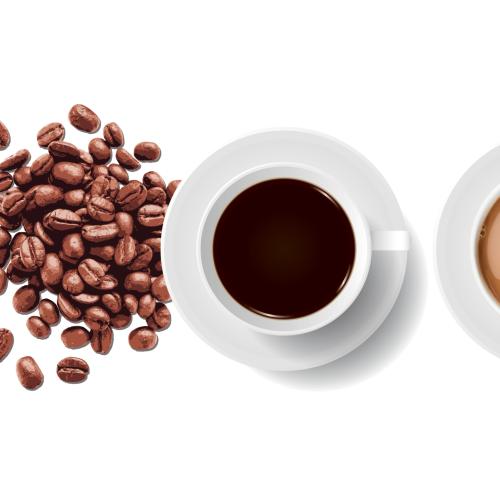 Coffee beans and two coffee cups.