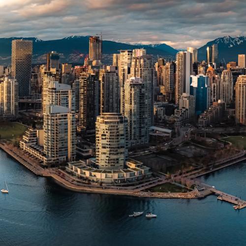 Arial image of skysrapers and the waterfront in Vancouver.