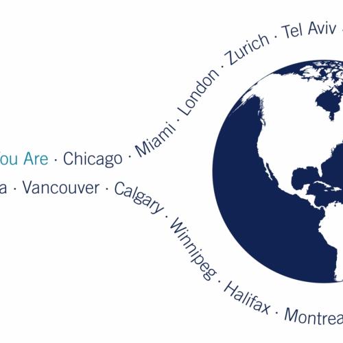Graphic showing the world and the names of various cities in the world