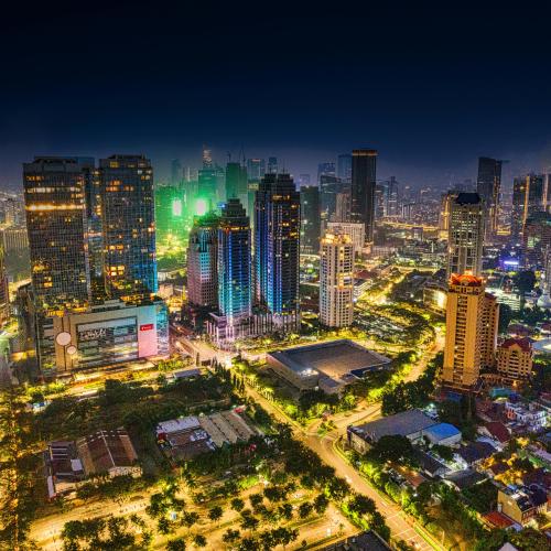 Aerial View of High-Rise Buildings in Jakarta at Night