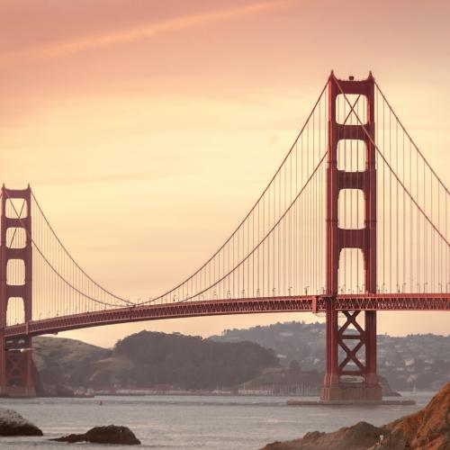 The Golden Gate Bridge in San Francisco at sunrise.