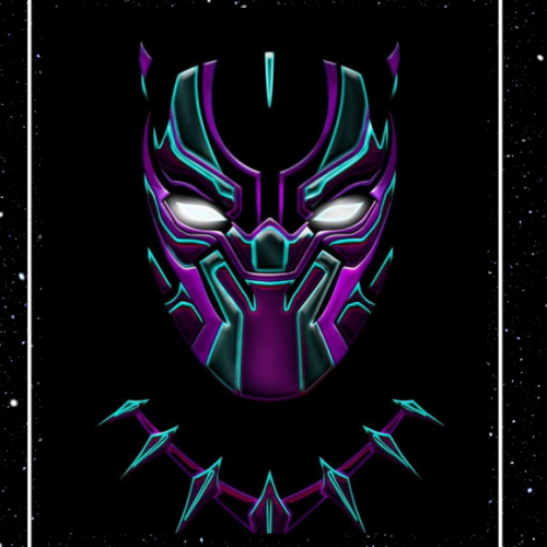 Black panther mask with purple and blue strips against a star filled black background