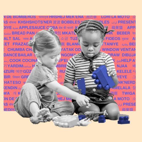 Two toddlers playing with toys in front of a pink background with text overlay.