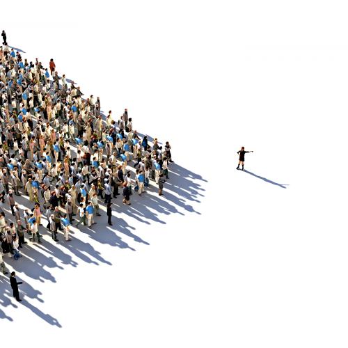 birds-eye-view of a large crowd being spoken to by a one person