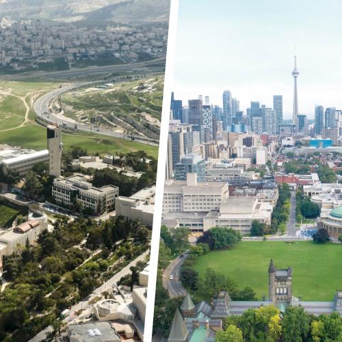Aerial photo of Hebrew University of Jerusalem campus beside aerial photo of University of Toronto campus.
